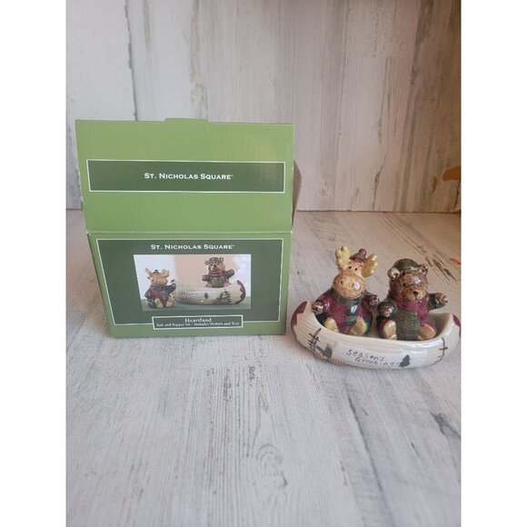 St Nicholas square Heartland salt pepper shaker moose bear canoe - Picture 1 of 6
